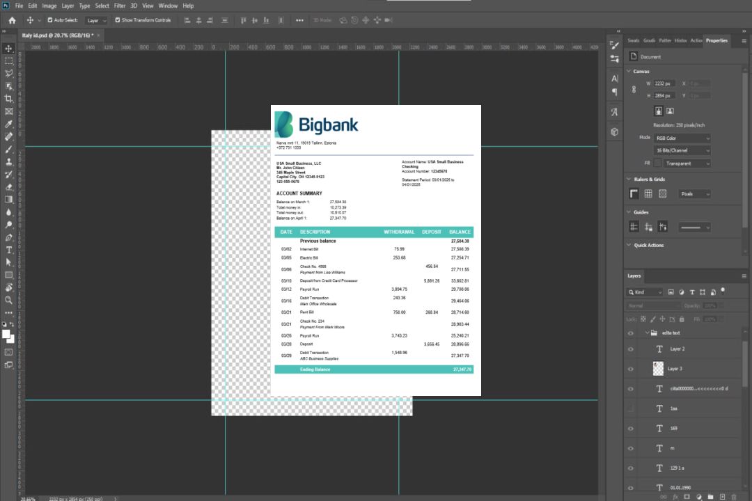 Modèle Word et PDF de relevé de compte d'entreprise Bigbank template